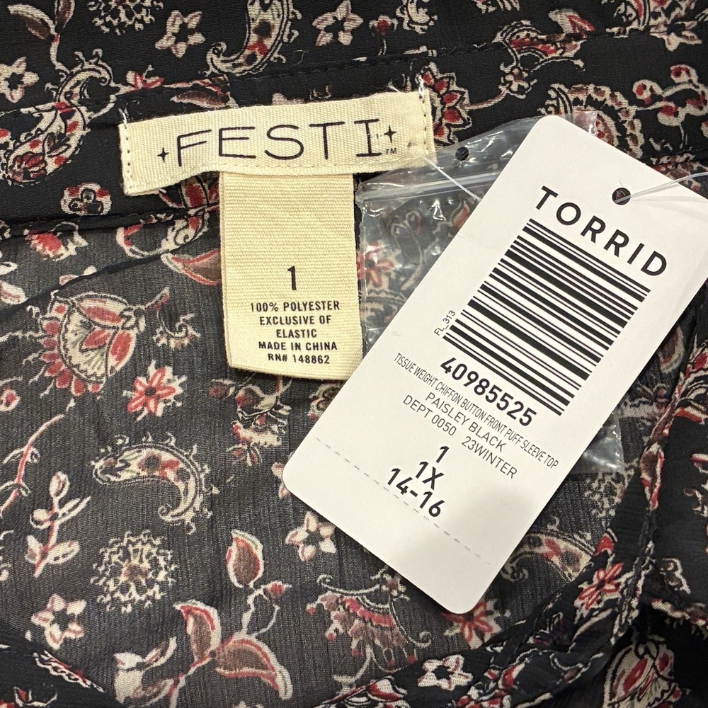 New Torrid Festi Sheer Chiffon Black Paisley Blouse Size 1X  Romantic Dark Fairy - Picture 7 of 11